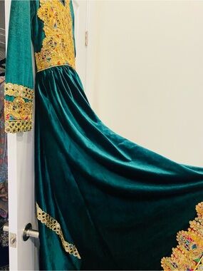 Emerald Green Velvet Maxi Dress with Gold Embroidery